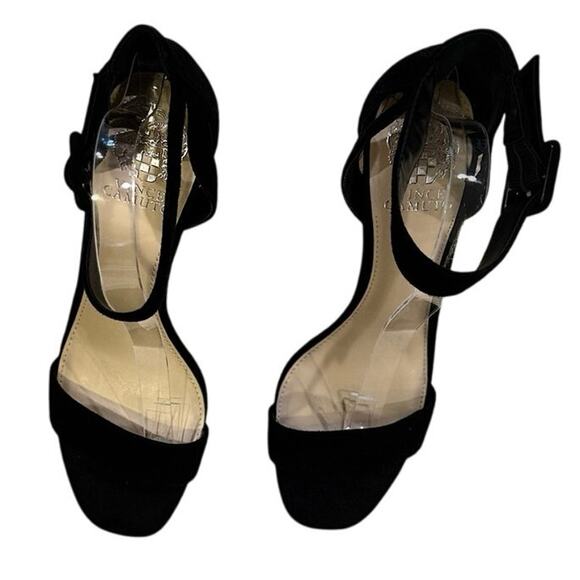 Vince Camuto Black Suede Ankle Strap Block Heel Sandals Women's Size 9 - Picture 2 of 6